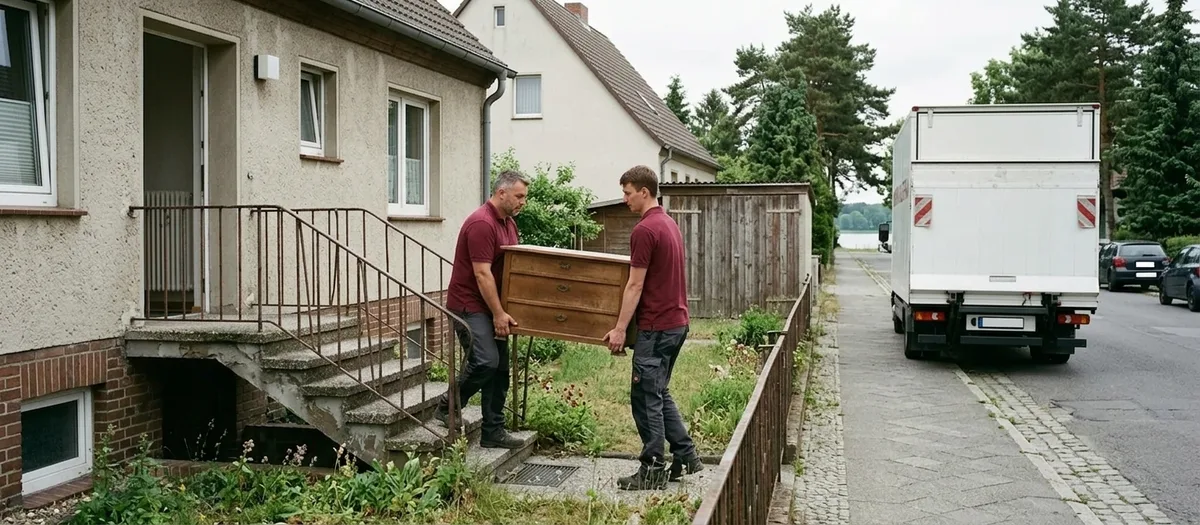 Zwei Umzugshelfer tragen eine Kommode die Kellertreppe eines Einfamilienhauses hinauf