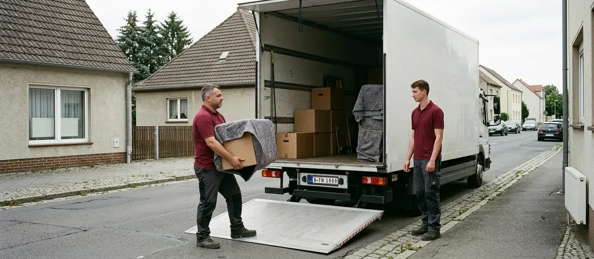 Ein Umzugshelfer trägt Gerümpel aus einem Kellerraum mit weiß getünchten Ziegelwänden