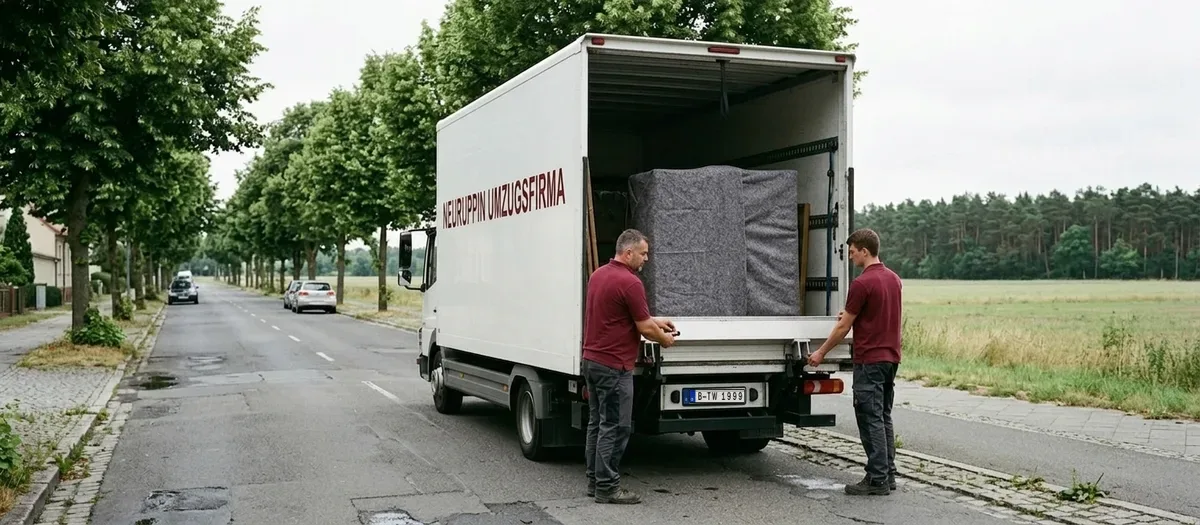 Weißer Umzugswagen von hinten auf einer Allee durch flaches Brandenburger Land