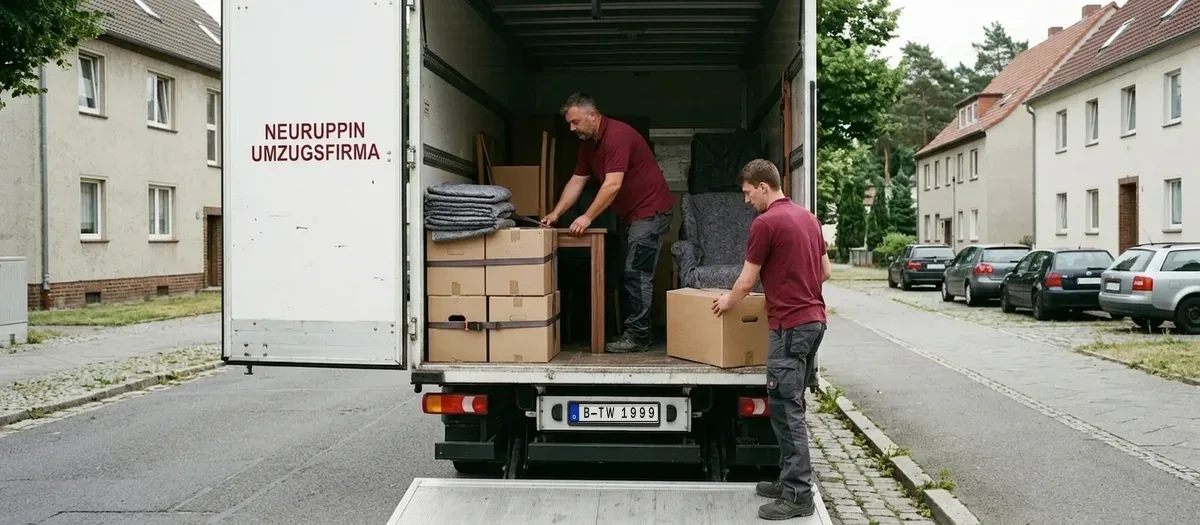 Blick in den offenen Laderaum, Tisch, eingewickelter Sessel und gegurtete Kartons an der Wand
