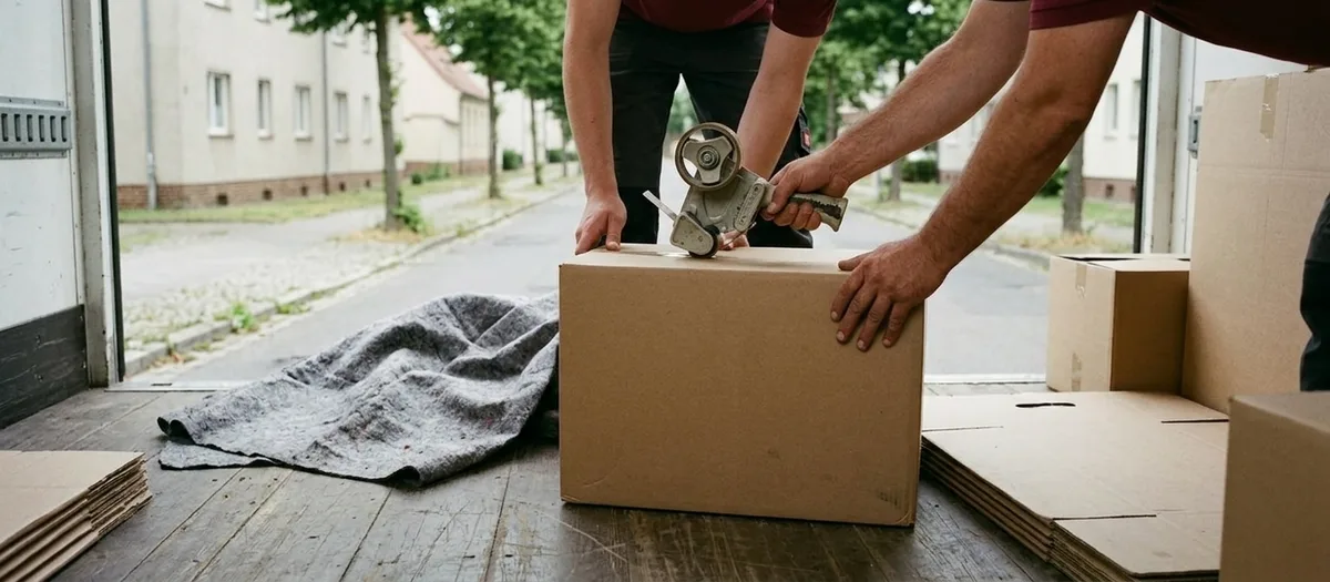 Zwei Hände verkleben einen braunen Umzugskarton mit Packband, daneben gefaltete Kartons und eine Umzugsdecke