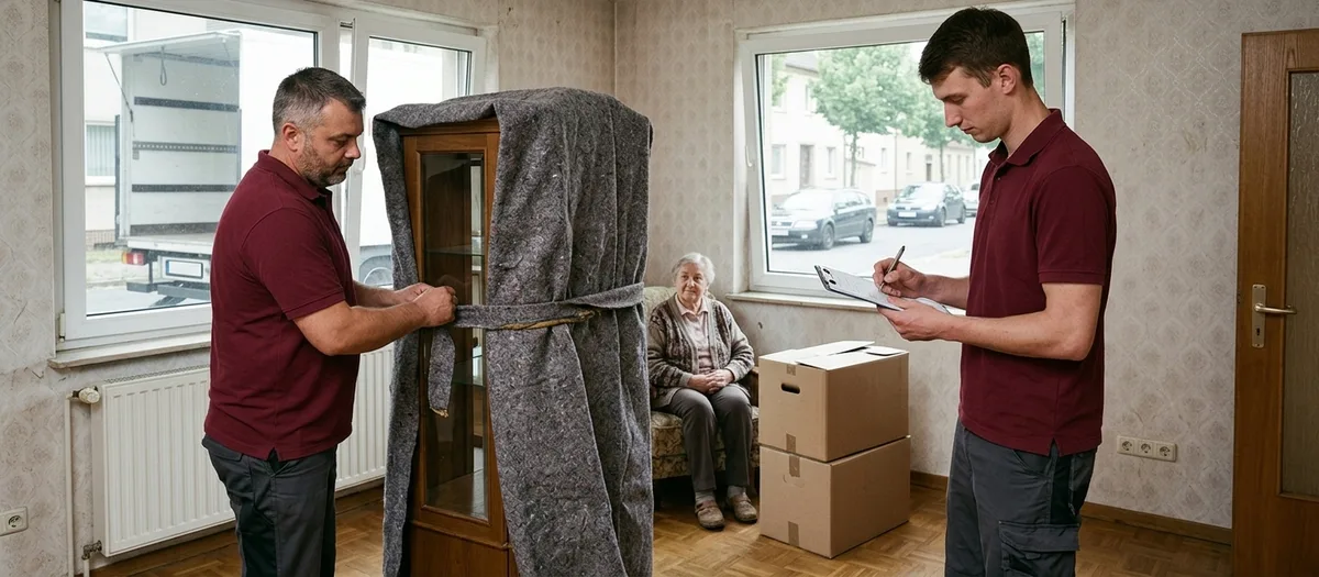 Ein Umzugshelfer wickelt einen Vitrinenschrank in eine Decke, während eine ältere Person im Wohnzimmer sitzt