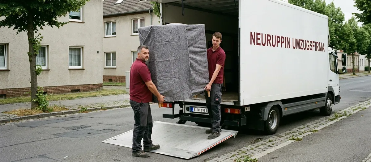 Weißer Umzugswagen der Neuruppin Umzugsfirma steht mit offener Ladeklappe an einer geraden Straße mit zweigeschossigen Traufenhäusern in der Neuruppiner Innenstadt, zwei Umzugshelfer tragen einen in Decken gehüllten Schrank über die Rampe
