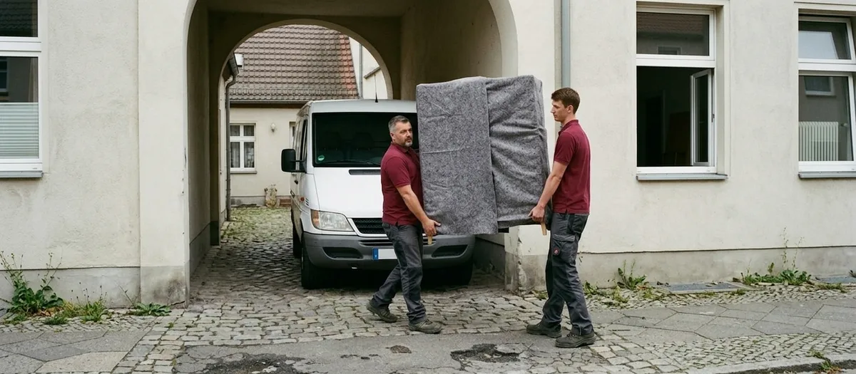 Zwei Umzugshelfer tragen eine eingewickelte Matratze durch eine enge Toreinfahrt mit Kopfsteinpflaster