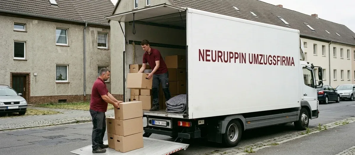 Weißer Kastenwagen mit offenen Hecktüren auf einem Hof, halb beladen mit braunen Kartons
