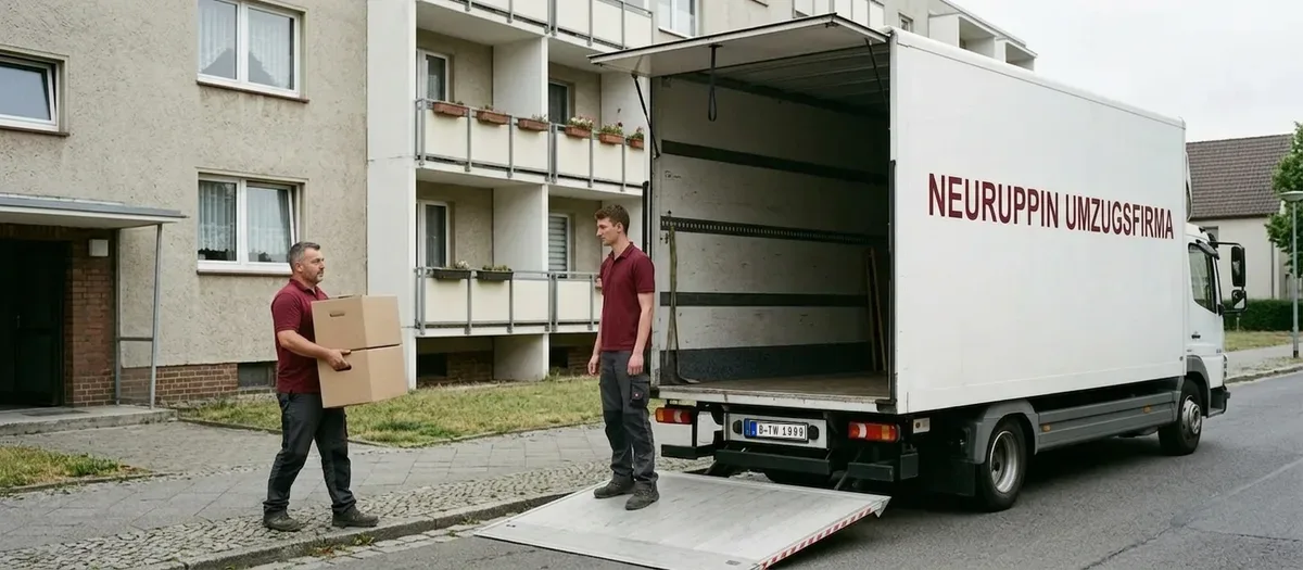 Umzugswagen vor einem fünfgeschossigen Wohnblock, ein Helfer trägt zwei gestapelte Kartons zum Eingang